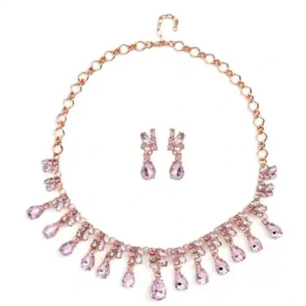 New Necklace and Earrings Austrian Crystal Pink Stones Rose Tone New - Picture 2 of 11